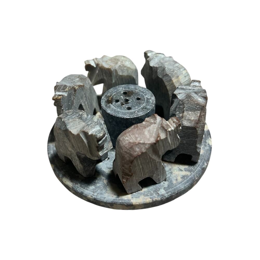 Hand Carved Soapstone Elephant Herd Incense Burner India - Picture 2 of 4